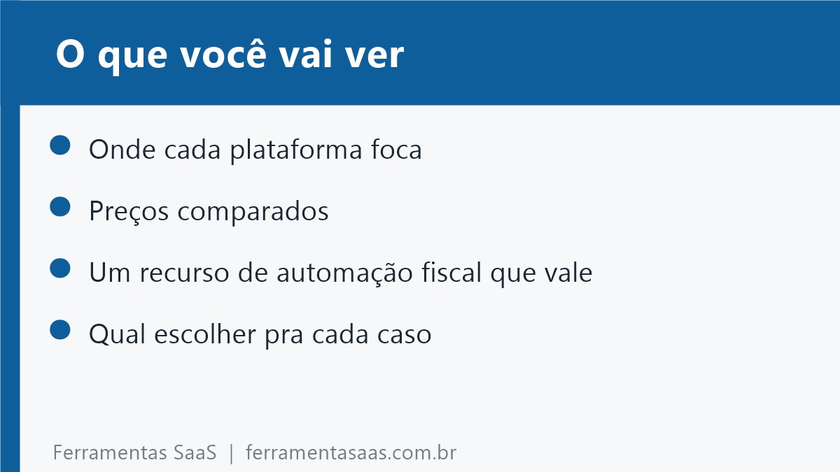 Cartão com os tópicos do artigo: onde cada plataforma foca, preços comparados, o recurso de automação fiscal e qual escolher para cada caso