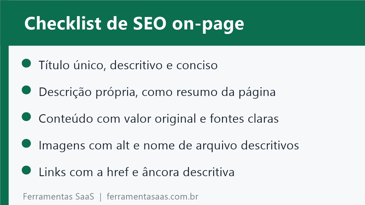 Cartão com cinco itens do checklist de SEO on-page: título único e descritivo, descrição própria, conteúdo com valor original e fontes, imagens com alt e nome de arquivo descritivos, links com âncora descritiva