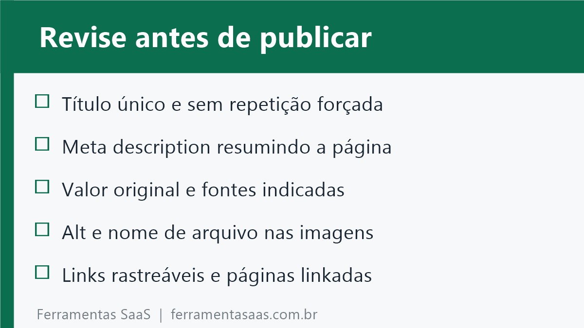 Checklist visual com os itens de título, descrição, imagens e links a revisar antes de publicar