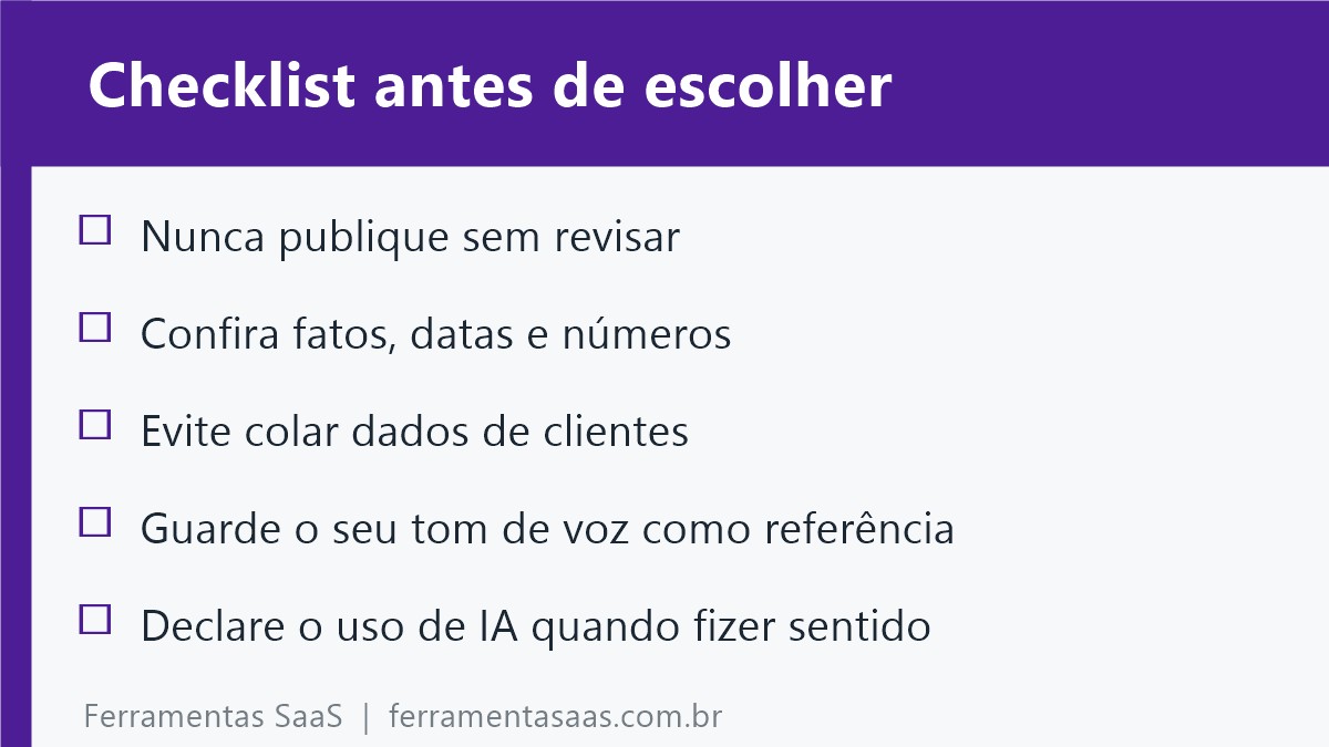 Checklist antes de usar IA para escrever: nunca publique sem revisar, confira fatos, datas e números, evite colar dados de clientes, guarde o seu tom de voz como referência, declare o uso de IA quando fizer sentido