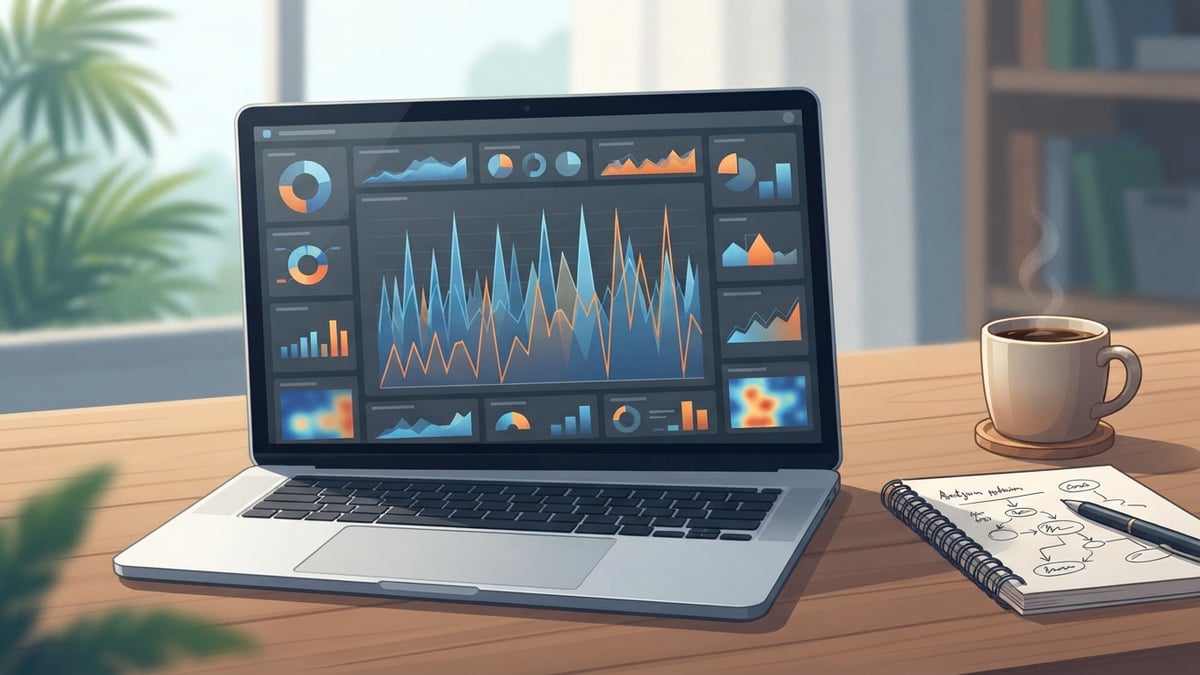 Ilustração de um painel de métricas no notebook com um gráfico de tráfego cheio de picos e quedas