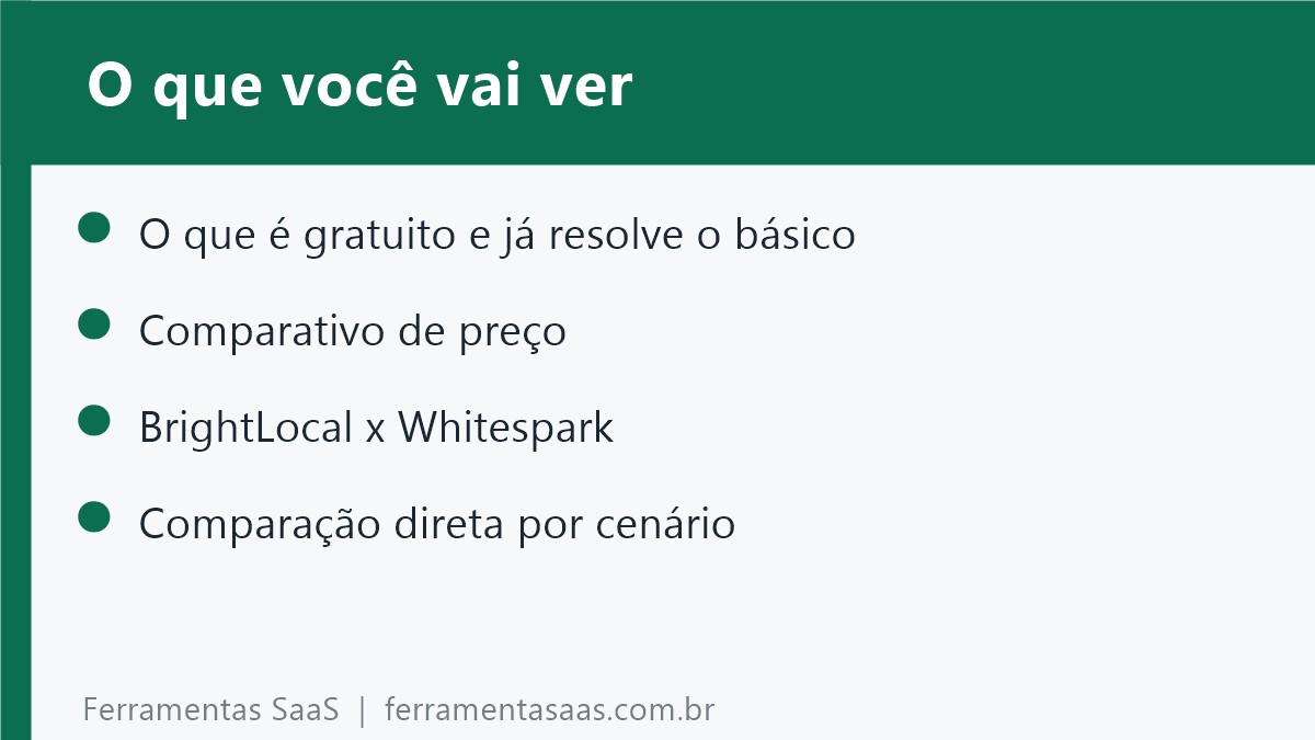 Cartão com os tópicos do artigo: o que é gratuito e já resolve o básico, comparativo de preço, BrightLocal x Whitespark e comparação por cenário